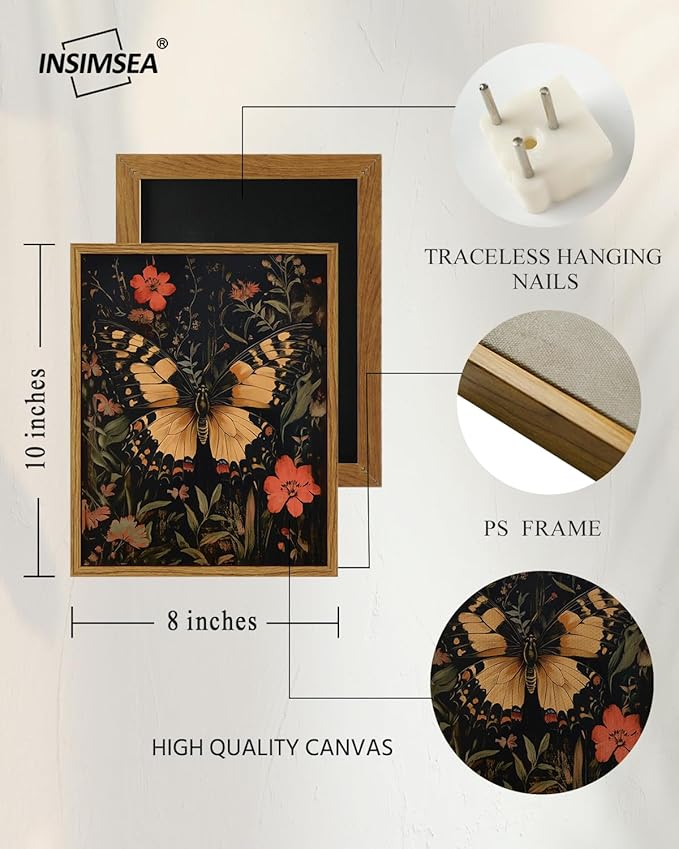 InSimSea Vintage Butterfly Canvas Framed Wall Art, Painted Canvas Art, Insect Themed Wall Art, Nature Themed Decor for Living Room, Bedroom, Bathroom, Kitchen, 8x10in