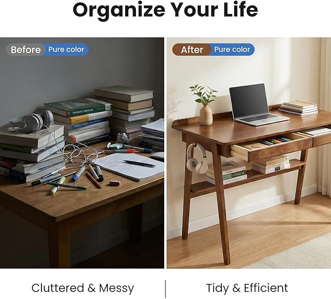 Solid Wood Writing Desk, Mid Century Modern Home Office Desk for Small Spaces with 2 Drawers Storage Shelf Side Hooks Walnut