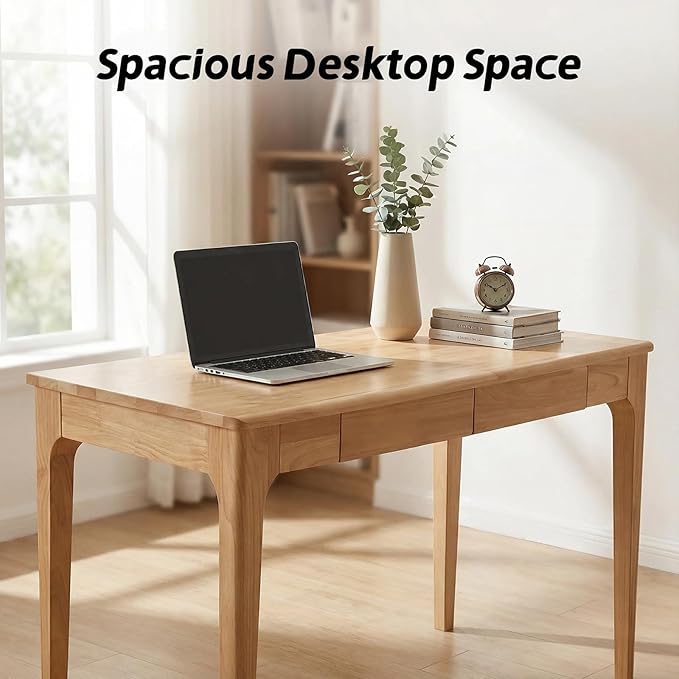 47" Small Solid Wood Desk with Drawers, Walnut Wooden Standing Desk, Home Office Desk for Small Spaces, Mid Century Modern Desk for Study, Bedroom, Living Room, Office (Wood, 47“)