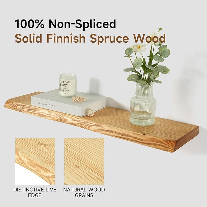 32 Inch Wooden Floating Shelves for Wall Set of 2, Finnish Spruce Solid Wood Shelf, Natural Wood Floating Shelves for Living Room, Bathroom, Bedroom, Kitchen, Natural Finish