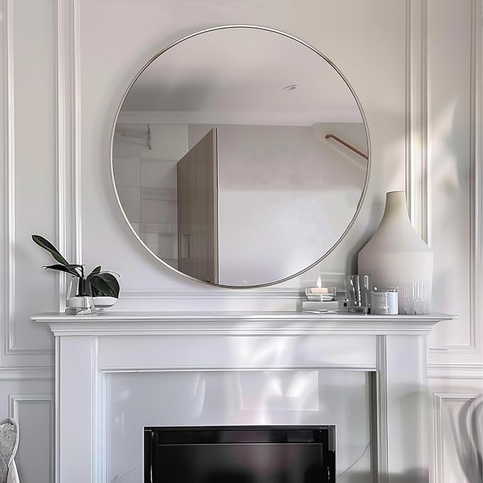 Sunniry Silver Round Mirror 26 inch, Silver Circle Mirror with Brushed Aluminum Frame, Circle Wall Mirrors for Bathroom, Living Room, Hallway, Bedroom.