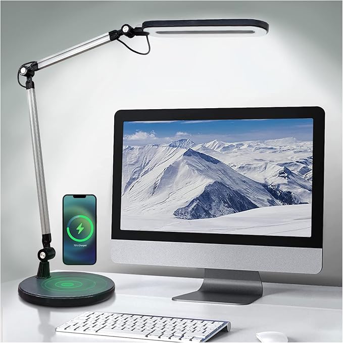 OTUS Desk Lamp Bundle for Home Office, Gesture On Off Architect Swing Arm Plus LED Desk Lamp with Wireless Charger, Touch Dimmable, 3 Color Temps, Eye Care Lighting for Study, Reading, Video Calls