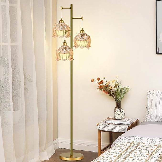 Glass Floor Lamp for Living Room,Bedroom,Mid Century Modern Standing Lamp Black Tree 3 Light Tall Floor Lamps Vintage Retro Floor Lights Green Lamp Shade Farmhouse Boho Bohemian