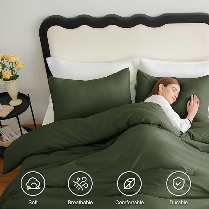 CozyLux Oversized King Comforter Set Olive Green, 3 Pieces 120"x98" Lightweight Down Alternative Quilted Bedding Sets, All Season Breathable Solid Comforter with 2 Pillowcases, Bed Set Gift for Home