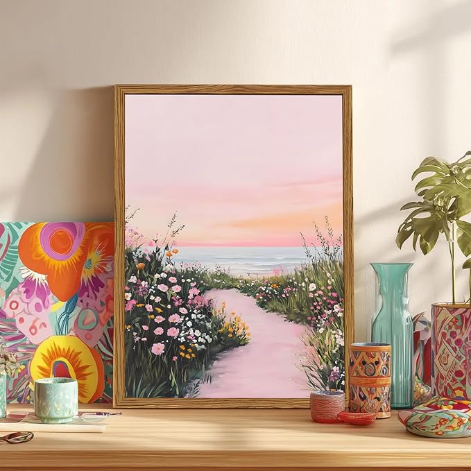Framed Vintage Landscape Wall Art, Pink Floral Coastal Pictures Wall Decor, Rustic Wildflower Nature Paintings Canvas Prints Home Decor Aesthetic for Living Room Bedroom Bathroom 12x16 inch