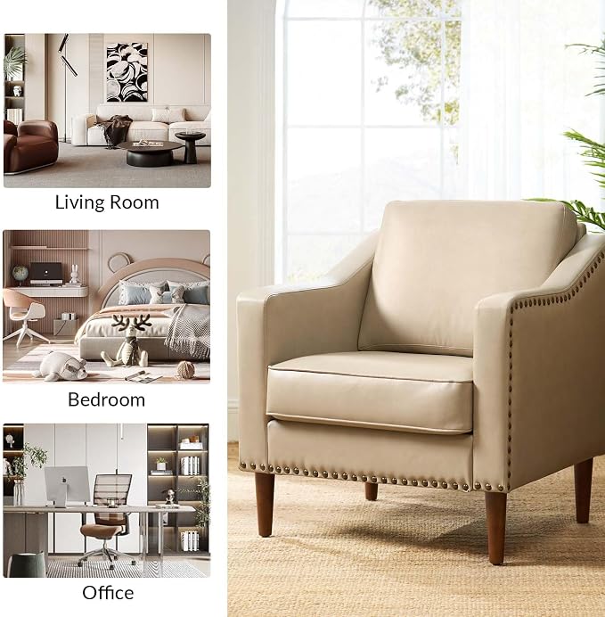 HULALA HOME Faux Leather Accent Armchair with Back & Seat Cushions, Traditional Club Chair with Nailhead Trim, Comfy Upholstered Sofa Chair for Living Room Bedroom, Beige