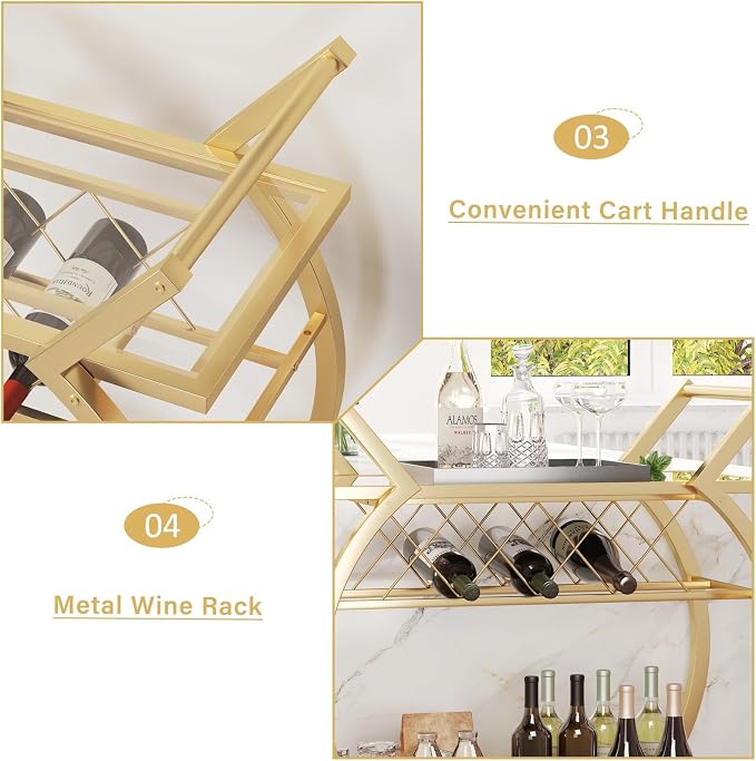 LVB Gold Bar Cart with Glass, Bar Cart with Wheels, Wine Cart with 2 Tier Storage Glass Shelves Home Bar Serving Cart with Wine Rack, Liquor Cart for Kitchen, Bar, Dinning Room