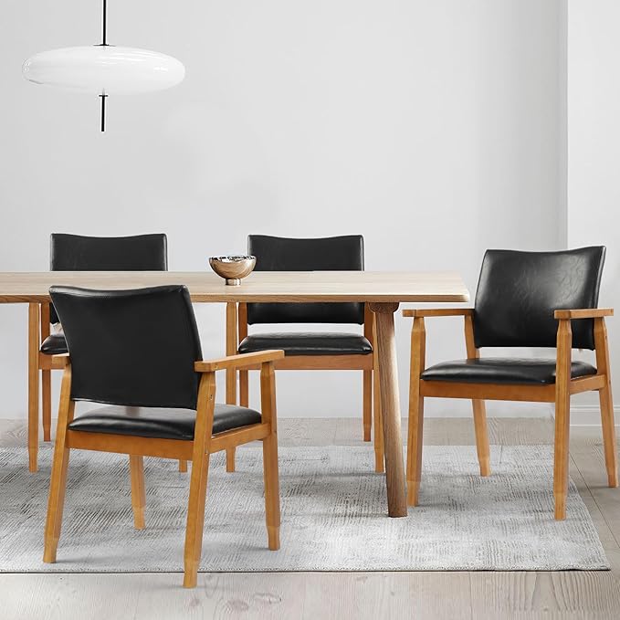 NOBPEINT Mid-Century Dining Side Chair with Faux Leather Seat in Black, Arm Chair in Walnut,Set of 4