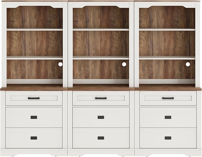 WAMPAT 3 Column 73.3" Tall Bookcase with Chest of Drawers, 94.5 inch Wide Standing Rustic Bookshelves, Modern Farmhouse Display Storage Cabinet with Adjustable Shelves,Antique White