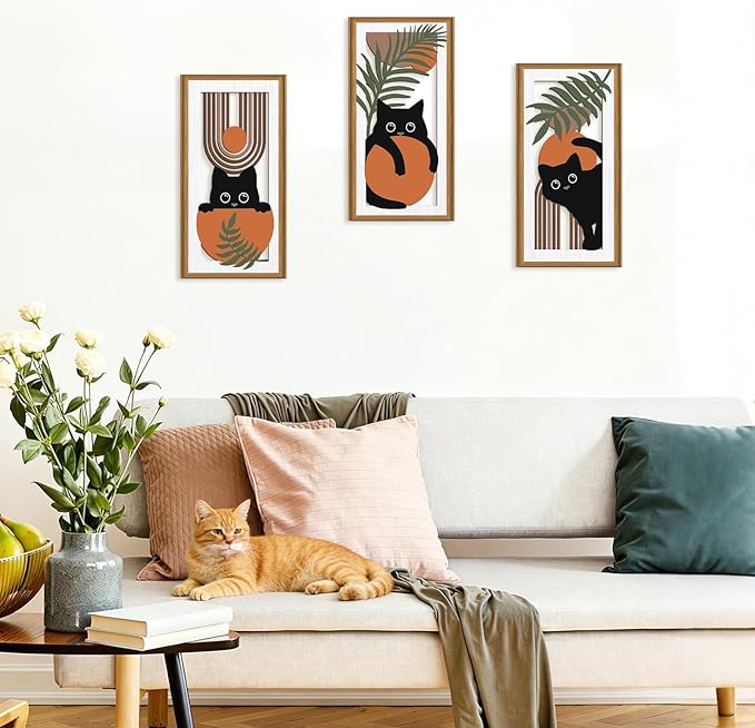 Ausril 3Pcs Boho Black Cat Wall Decor,Boho Cats Wall Art,Mid Century Modern Decor Black Kitty,Abstract Geometric Cats Artwork,Minimalist Botanical Bohemian Cat Wood Art for Home Bedroom Living Room