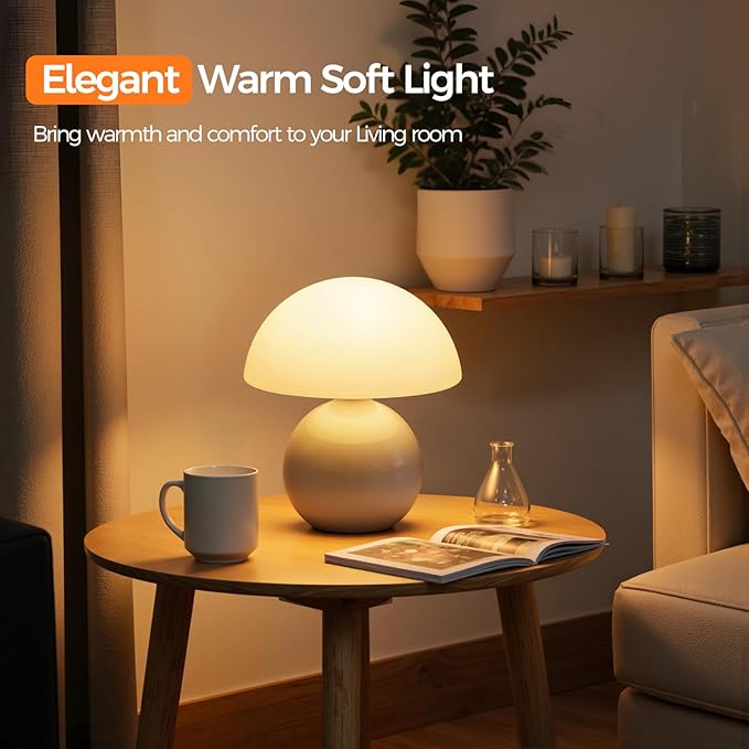 NIORSUN Wireless Mushroom Lamp,Table Lamp for Bedroom, Portables Cordless Lamps,Wireless lamp,Small Bedside Table Touch Lamps for Living Room,Mini Mushroom 5200mAh Battery Operated Lamp Modern (White)