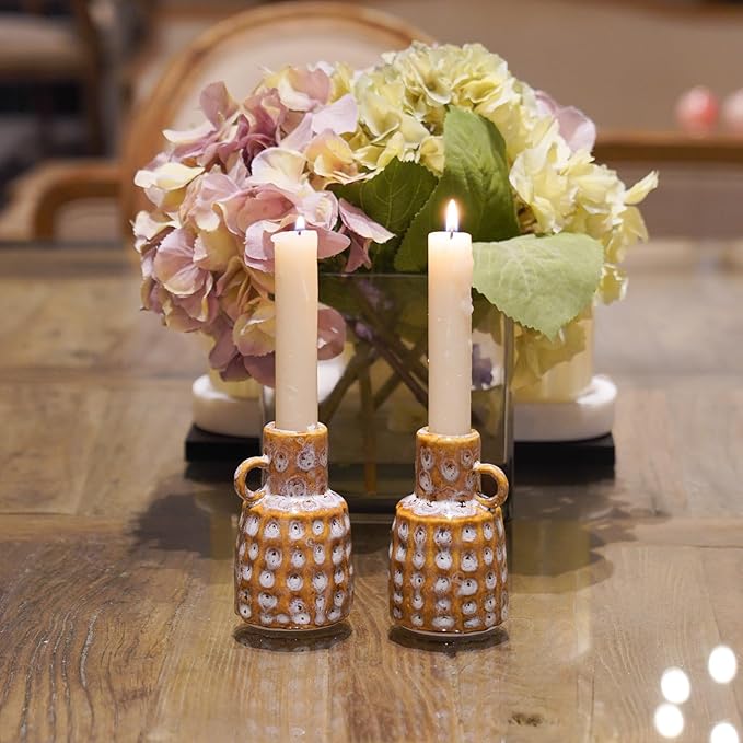 Ceramic Taper Candle Holder Decoration - Set of 2 Candlesticks with Handle Boho Style Candle Burning Display Holder for Coffee Table Centrepiece Living Room Farmhouse Vintage Tabletop Decor Cynkeyee