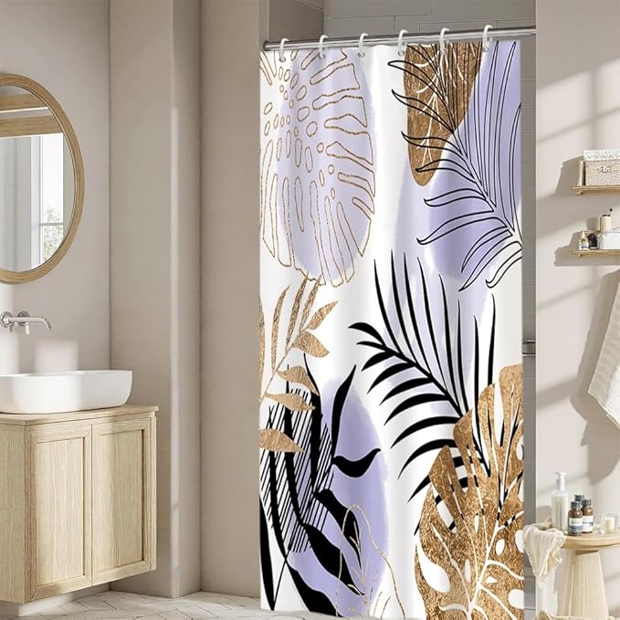 Modern Boho Shower Curtain Purple Gold Palm Leaf Abstract Aesthetic Bathroom Decor Gorgeous Watercolor Botanical Theme Bohemian Bath Curtains Washable Waterproof Polyester Fabric with Hooks 48x72 Inch