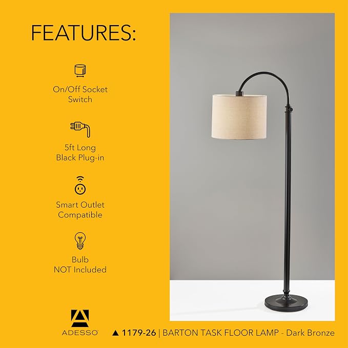Adesso Antique Bronze Floor Lamp with Oatmeal Linen Shade – Adjustable Height Accent Light for Bedroom, Living Room, or Home Office, up to 68” Tall