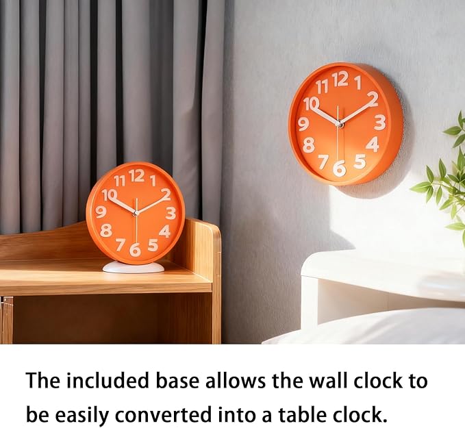 JENLYSTIME 8 Inch Vibrant Orange Modern Wall Clock – Silent Non-Ticking, Bold 3D Numbers, Precise Quartz Movement | Decorative Desk & Wall Clock with Stand for Home, Kitchen, Bedroom, or Office
