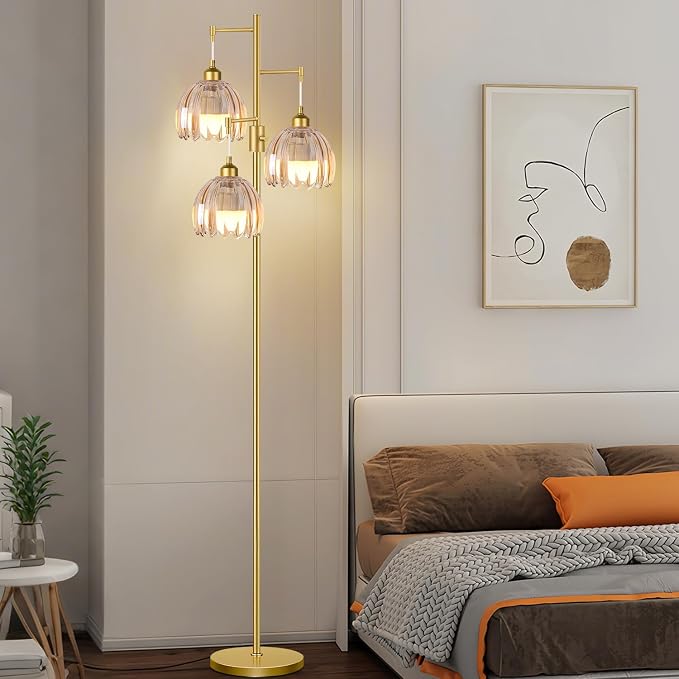 Gold Floor Lamps for Living Room Vintage Floor Lamp with Glass Lmapshape & Led Bulb,Dimmable Floor Lamps Brass Mid Century Modern Standing Lamp Tall Tree Flower Floor Lamp for Bedroom,Office,Corner