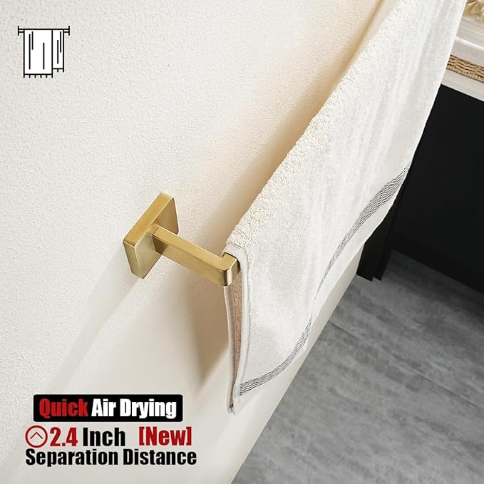 JQK Gold Towel Bar, Rounded Edges 18.41 Inch Towel Rack, 304 Stainless Steel Bathroom Wall Mount, Useable Length 16 Inch, TB250L16-BG