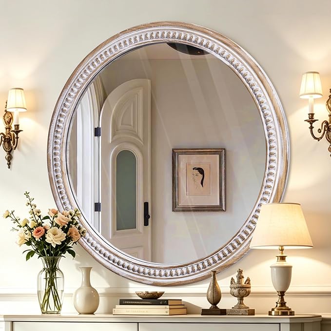HOITUZYUS Round Wood Mirror 36 Inch Rustic Farmhouse Circle Wall Mirrors for Wall Decor, Bathroom, Vanity, Entryway Living Room