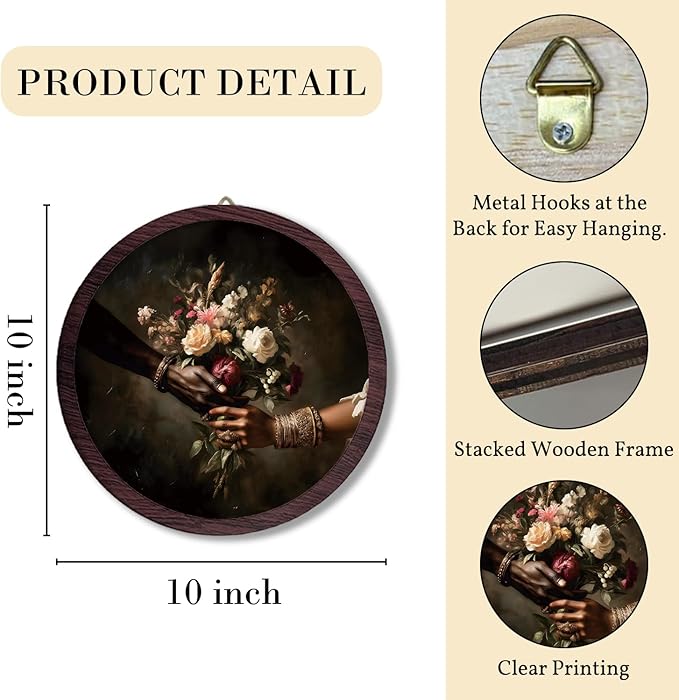 TFKFJLF Vintage Floral Framed Wall Art Decor, Bouquet Round Wall Hanging Decor, Cottagecore Farmhouse Decoration, Retro Flower Wooden Prints Wall Art for Bedroom Kitchen Living Room, 10x10 Inch