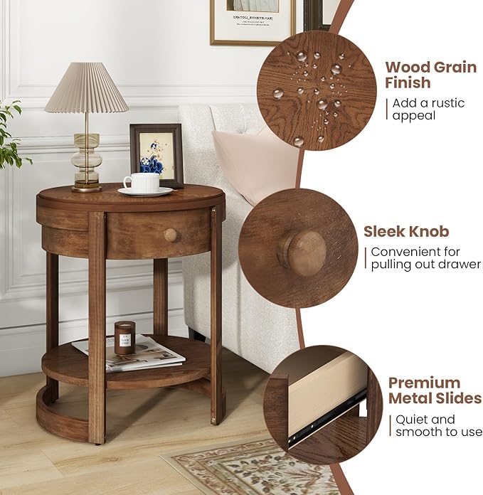 Giantex Round Side Table, 2-Tier Retro End Table with Drawer & Shelf, Wooden Accent Table with Antique Wood Grain Finish, Vintage Nightstand for Living Room Bedroom, Walnut