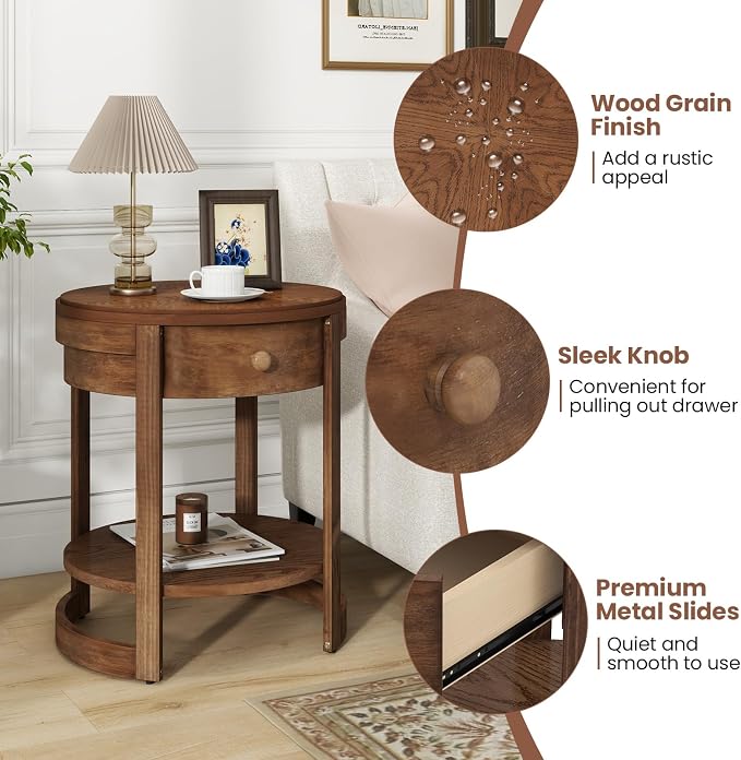 Giantex Round Side Tables Set of 2, 2-Tier Retro End Tables with Drawer & Shelf, Wooden Accent Tables with Antique Wood Grain Finish, Vintage Nightstands for Living Room Bedroom, Walnut