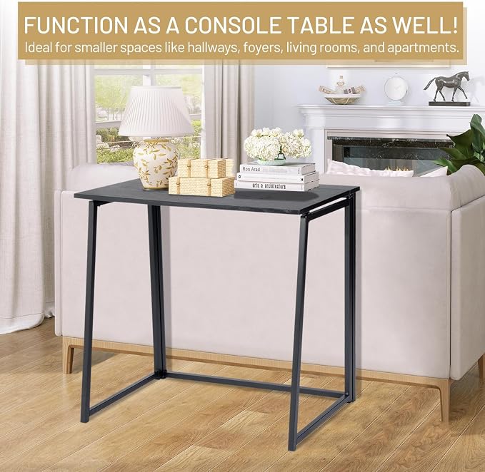 FurnitureR Folding Home Office Desk, 31.5 Inches Foldable Table, Space Saving Computer Study Desk Compact Writing Workstation for Small Space, Black