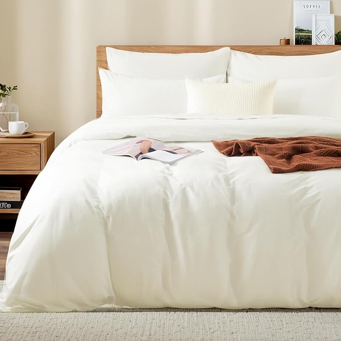 NEXHOME PRO King Duvet Cover Set, 100% Washed Cotton with Linen-Like Texture, Natural Organic, Breathable & Comfortable, Includes Home Bedding Set Milk White (No Comforter) 10490
