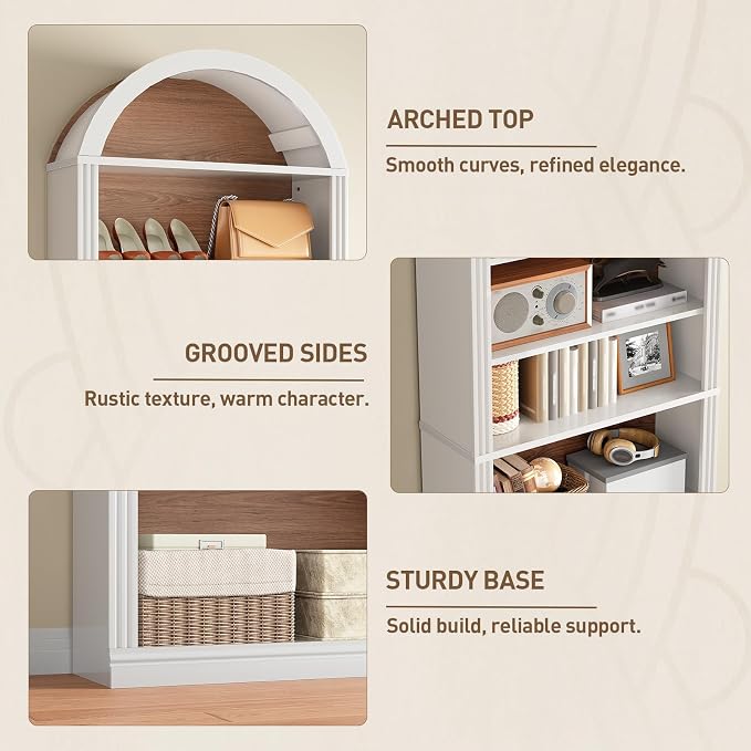 RALGEND Arched Bookshelf, 75.8" Tall Arch Bookcase with Storage, 6-Tier Farmhouse Book Shelf, Arched Cabinet, Wooden Bookshelf with Open Display Shelves, Adjustable Shelf, Office, Walnut and White