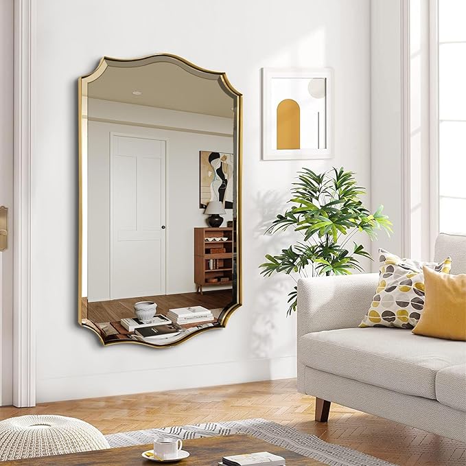POZINO Brushed Gold Beveled Mirror, 24"x40" Scalloped Vanity Mirrors for Over Sink, Modern Irregular Wavy Bathroom Mirrors, Brass Rectangle Wall Mirror for Living Room Bedroom Fireplace Entryway
