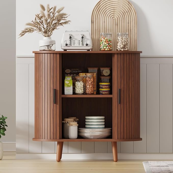 31.5" Fluted Sideboard Buffet Cabinet with Tambour Storage Oval Curved Accent Console Table for Dining Room Kitchen Living Room (Walnut)