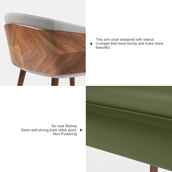 ARTPLAN Modern Upholsted Accent Dining Chairs,Mid-Century Faux Leather with Walnut for Kitchen,Office Waiting Room Arm Sitting Chair, Beech Legs Dissassembly Adjustable Feet,Avocado