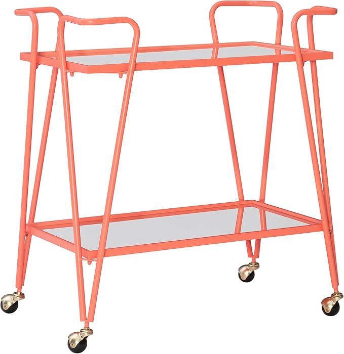 Gina Coral Mid-Century Bar Cart with Mirrored Shelves and Locking Wheels by Linon