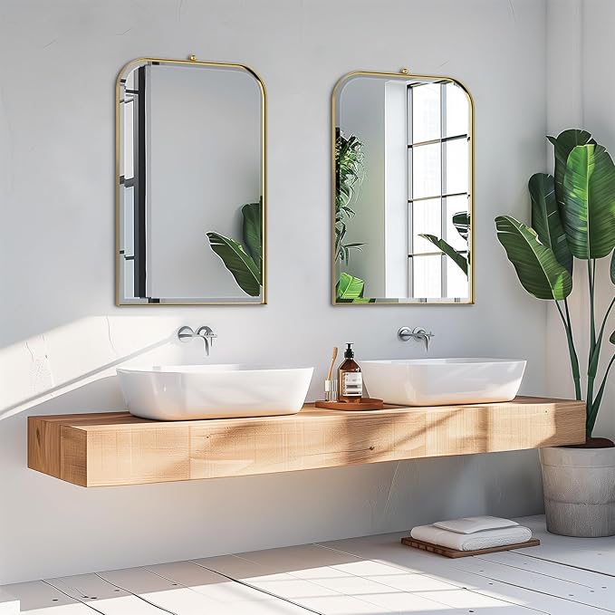POZINO Brushed Gold Beveled Mirror, 20"x30" Arched Mirror for Over Sink, Rounded Rectangle Mirrors with Stainless Steel Frame, Brass Vanity Wall Mirrors for Bathroom Bedroom Living Room Entryway
