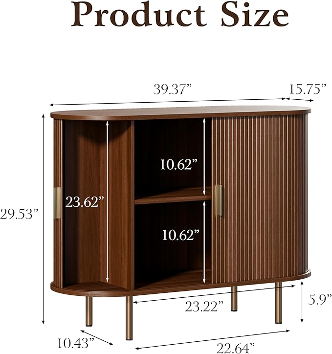 DHH Sideboard Buffet Cabinet with Storage,Mid Century Modern Fluted Accent Coffee Bar Console Table,Tambour Sliding Doors& Adjustable Shelf for Kitchen, Living Room, Entryway(Walnut, 40Inch)