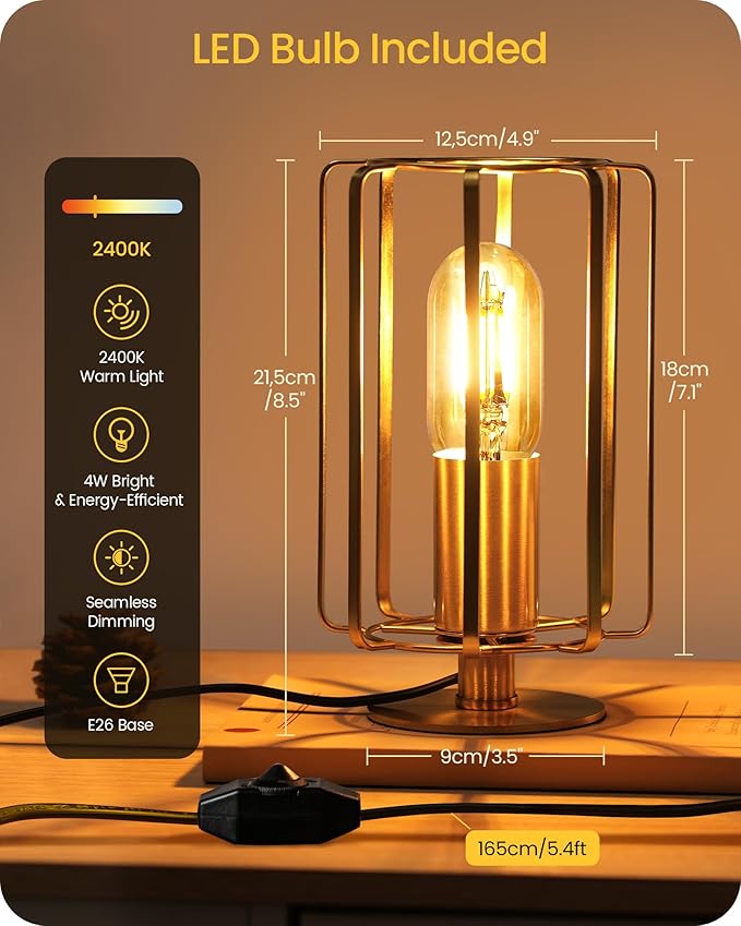 Industrial Table Lamp, 8.5" Small Brass Table Lamp with Dimmable 2400K Warm Light LED Bulb, Vintage Brass Desk Lamp, Gold Bedside Lamp for Bedroom, Study, Office, Small Space, D05TL05