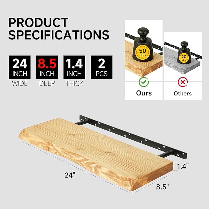 24 Inch Wooden Floating Shelves for Wall Set of 2, Finnish Spruce Solid Wood Shelf, Natural Wood Floating Shelves for Living Room, Bathroom, Bedroom, Kitchen, Natural Finish