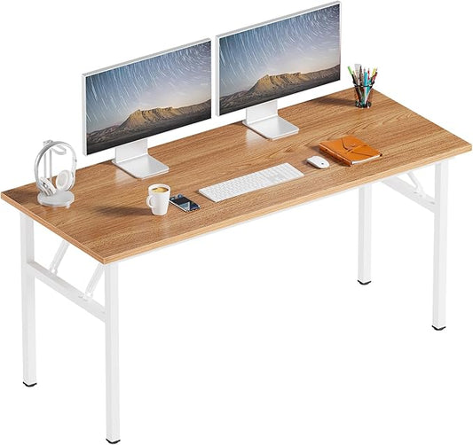 Need Folding Computer Desk, Large 60 inches Folding Table for Home Office, No Install Needed Foldable Writing Table Desk, Teak and White