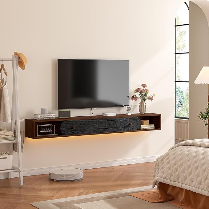 Furninova Floating TV Stand,Wall Mounted Entertainment Center for 50 Inch TV,Plywood Floating Media Console with 1 Flip Down Door & Cable Management,Modern Space Saving TV Shelf,47 Inch,Walnut & Black