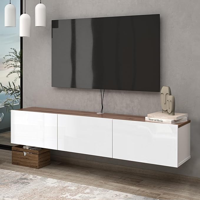 Floating TV Stand Glossy White for 65-80 Inch TV, 63" Wall Mounted TV Stand with Storage, White and Wood Floating Entertainment Center with Cable Management, Floating Media Console for Living Room