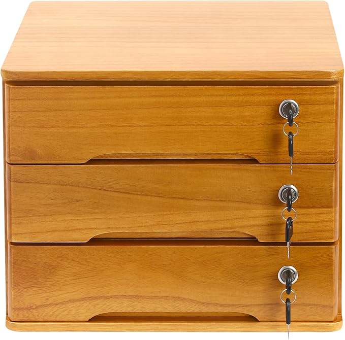 Desktop File Organizer with Lock, 2/3/4 Tier Multi-Drawer Wooden Storage Cabinet, Office Supply Organizer for Home Desk, Study & Workplace (Brown, 3 Layers)