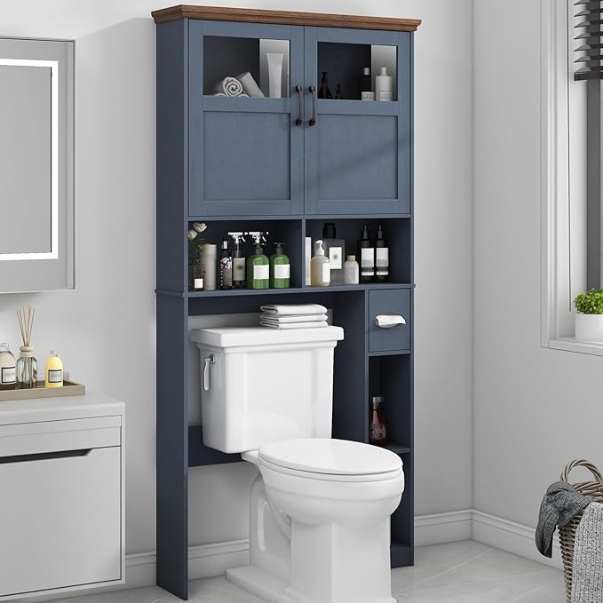 Vabches Over The Toilet Storage Cabinet, Storage Cabinet Over Toilet with Double Doors & Toilet Paper Holder Stand, Freestanding Toilet Shelf Space Saver with Anti-Tip Design & Adjustable Shelf, Blue