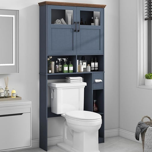 Vabches Over The Toilet Storage Cabinet, Storage Cabinet Over Toilet with Double Doors & Toilet Paper Holder Stand, Freestanding Toilet Shelf Space Saver with Anti-Tip Design & Adjustable Shelf, Blue