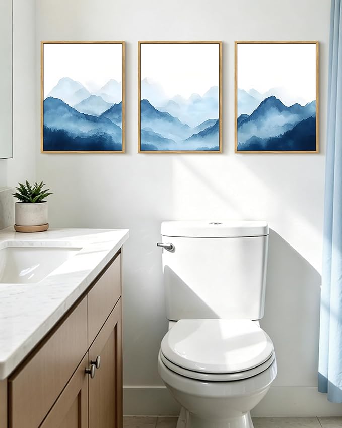 KUVIOKE Blue Watercolor Mountains in Fog Framed Wall Art Wilderness Nature Landscape Painting Rustic Scenic Relax Cool Room Decor for Bedroom Dining Room 12x16in (Natural Framed)
