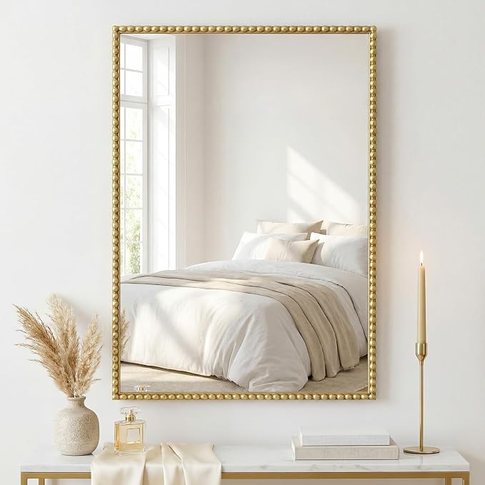 Uniclinens Vintage Rectangle Mirror Decor - Antique Large Gold Beaded Mirror for Wall Decor with Metal Frame, Ideal for Bathroom,Entryway, Fireplace, Living Room, Hallway,24"X36"