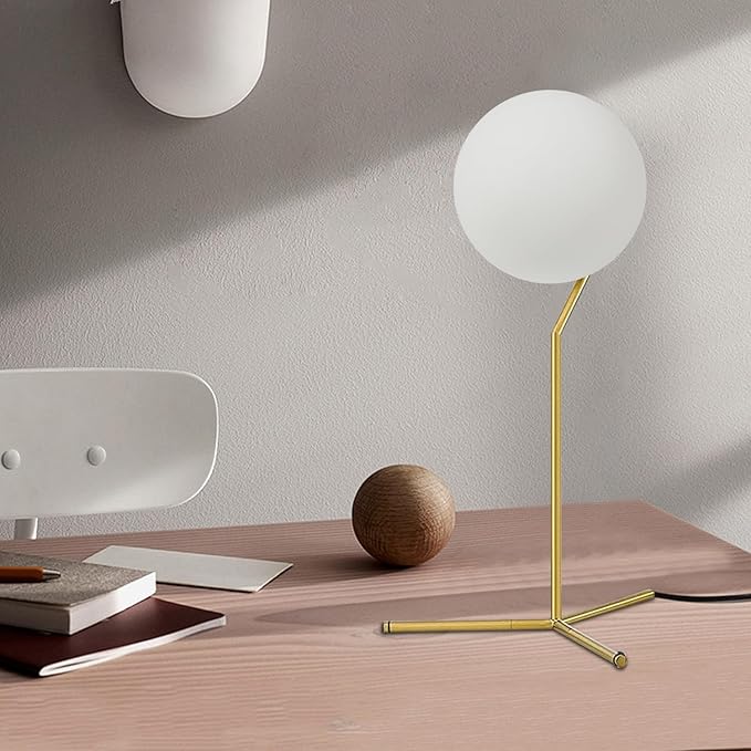 BOKT Modern 1-Light Glass Globe Table Lamp Contemporary Minimalist Tall Bedside Desk Nightstand Lamp Vintage Brush Gold Metal Table Light Frosted White Glass Ball Reading Lamp