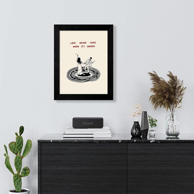 Romantic Valentines Day Couple Dance Wall Art Modern Love Quotes Poster Minimalist Vinyl Record Canvas Prints for Living Room Bedroom Home Wall Decor 012X16 inch Black Framed