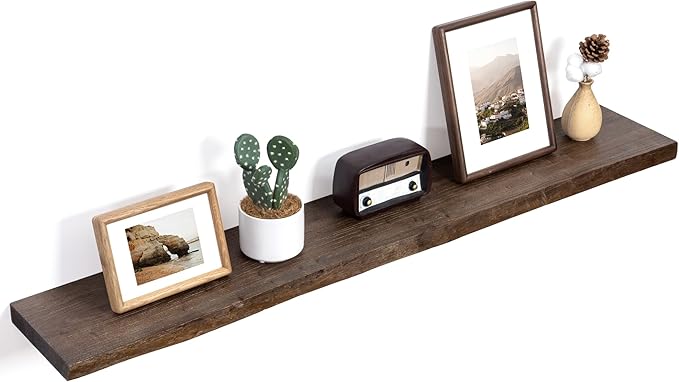 Floating Shelves for Wall Decor, Rustic Solid Elm Wood Live Edge Floating Shelves Wall Mounted, Wall Shelves with Invisible Bracket for Living Room Bathroom Bedroom Kitchen, 48 Inch, Walnut