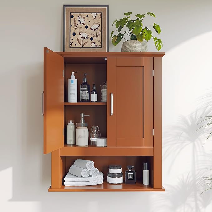 VINGLI Bathroom Wall Cabinet, Black Wall Mounted Storage Cabinet for Bathroom Over the Toilet, Medicine Cabinet with 2 Doors and 3-Height Adjustable Shelf & Open Shelf, Painted MDF, Space Saving