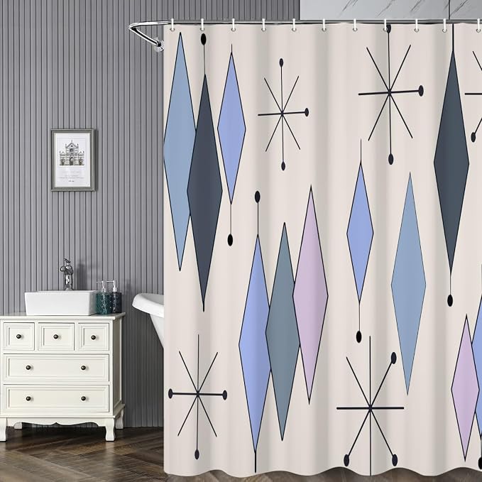 Mid Century Turquoise Shower Curtain Abstract Grey Blue Diamond Geometric Atomic Starburst Pattern Beige Backdrop for 1950s Retro Bathroom Decor Shower Curtain Set with 12 Hooks, 60x72 Inches