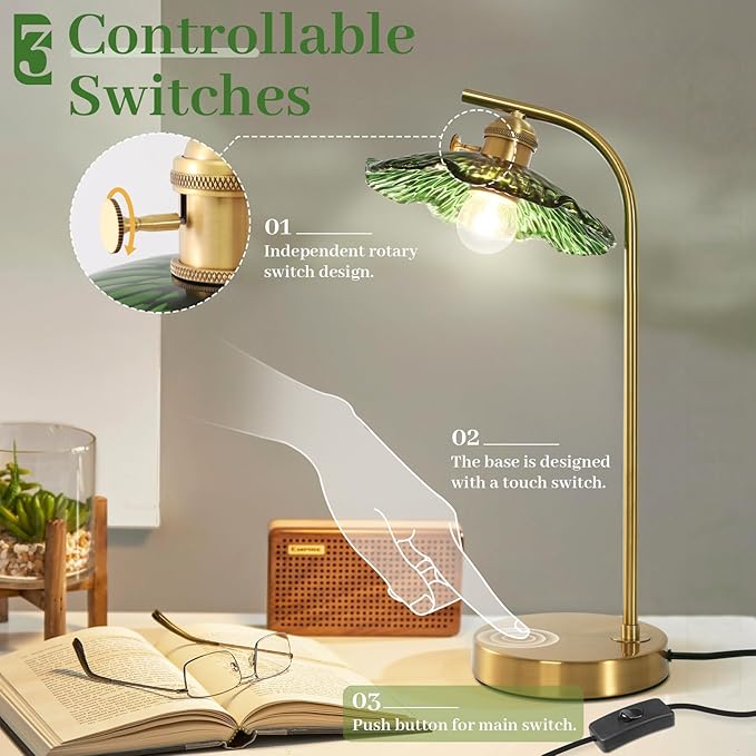Glass Table Lamp Mid Century Modern Table Lamp Vintage Table Lamps Gold Desk Lamp Touch Bedside Lamps with Green Flower Shade Small Nightstand Lamps for Bedroom Living Room Office